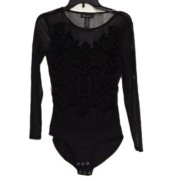 INC International Concepts Tops - INC International Concepts Black Fitted Mesh Sheer Velvet Embellished Bodysuit